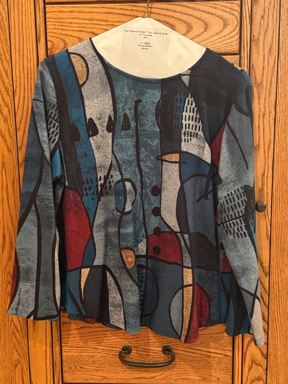 Abstract Print Long-Sleeve Top in Teal and Burgundy